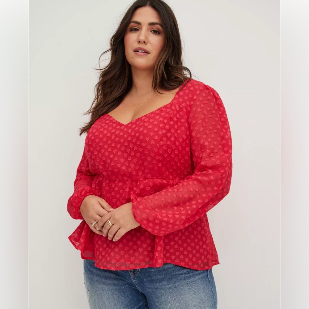 TORRID Peplum Chiffon Clip Heart Blouse in Tomato Red Size 1